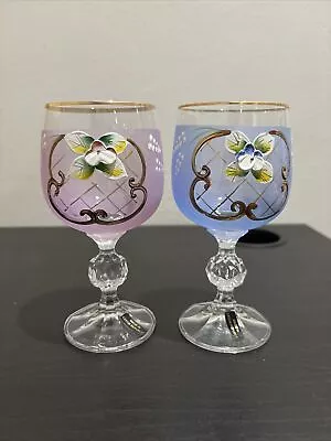 Buy Vintage Bohemian Crystal Enameled Colored Wine Goblets Blue & Purple Glasses 2x • 23.29£