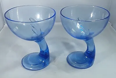 Buy Pair Of Bormioli Rocco Art Deco Wine  Cocktail Blue Glasses Curved Stem  • 24£