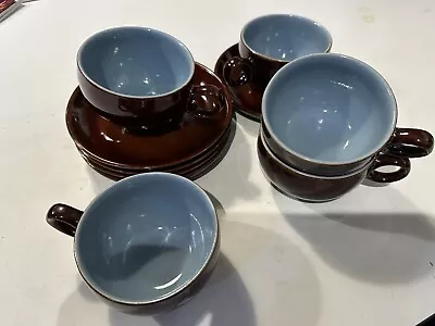 Buy Vintage Denby Homestead Stoneware Brown & Blue Coffee Tea Cup And Saucer X 5 • 22£