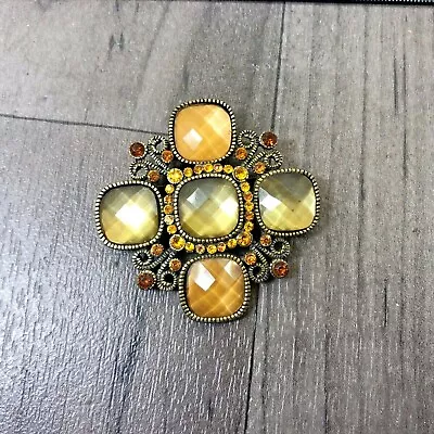 Buy Brooch Large Cross Pin Multi Faceted Orange Stone Lime Colour Authentic Vintage  • 10.58£