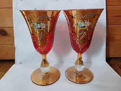 Buy 2  Vintage Bohemian Ornate Red/ 22ct Gold Wine Glass Floral  Embossed Pattern  • 80£