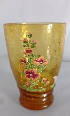 Buy Amber Crackle Glass With Painted Floral Decorations 12cm Tall • 6.50£