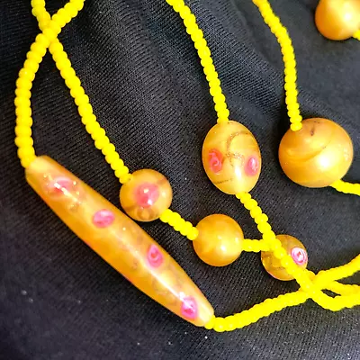 Buy Yellow Satin Art Deco Glass Bead Necklace Roses Glitter Pink • 46.94£