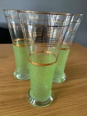 Buy Vintage Retro Set Of 3 Glasses Gold And Green Sugar Frost 50s 18cm High • 12£