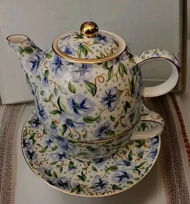 Buy AINSLEY Tea Set For 1  Blue White Chintz 3 Piece Teapot W/ Lid Cup Saucer Box • 23.25£