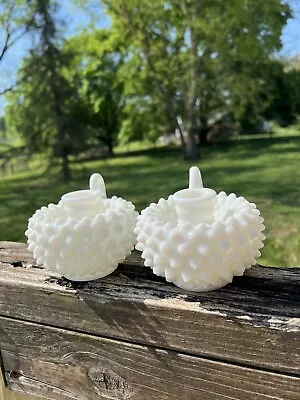 Buy Pair Of Fenton Vintage Milk Glass Hobnail Candle Holders With Finger Loop • 18.64£