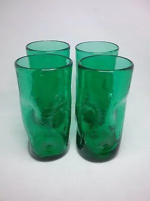 Buy Set Of 4 Vtg BLENKO MCM Art Glass Crackle Dimple Pinch Emerald Green  6” Tumbler • 83.87£