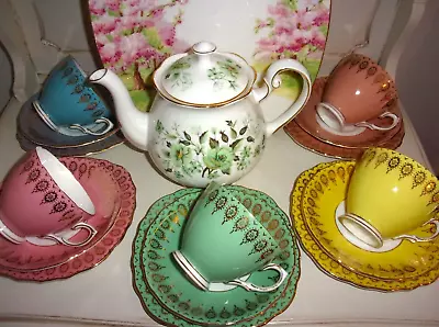 Buy Vintage Bone China Tea Set ~17pc Harlequin Colclough Cups Saucers Plates Teapot • 49.99£