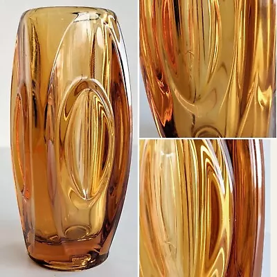 Buy Vintage CZECH RUDOLPH SCHROTTER Rosice Sklo Union AMBER Optic Lens Glass Vase 6” • 20£