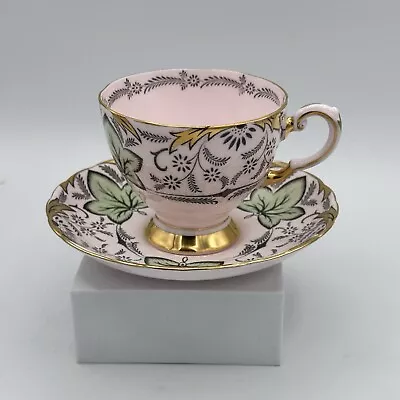 Buy Tuscan Fine English Bone China Footed Cup Saucer 682H Pink Green Leaves Gilded • 18.64£