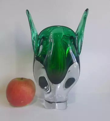 Buy CHRIBSKA Sommerso Art Glass Cats Head Ear Vase Green Amber JOSEF HOSPODKA Czech • 34.99£