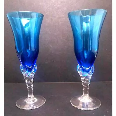 Buy Vintage Hand Blown 1950's Empoli Blue With Twisted Stemmed Champagne Flutes • 27.96£