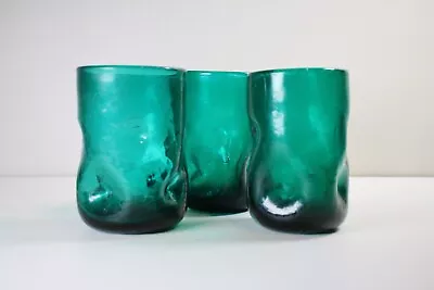 Buy Vintage Pilgrim Dimpled Crackle Glass Green Tumblers Set Of 3 • 27.07£