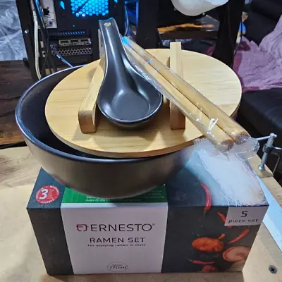 Buy Ramen 5 Piece Set Black Stoneware Bowl Stoneware Spoon Chopsticks Make Bamboo • 10.50£
