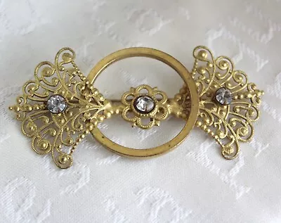 Buy Vintage Bar Brooch - Victorian Revival Gold Tone, Filigree, Clear Glass Studs • 3.95£