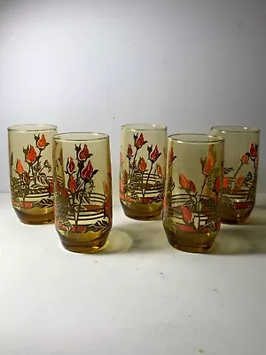 Buy Set Of 5 Vintage 1970s Yvette Amber Iced Tea Glasses 5 In. • 34.95£