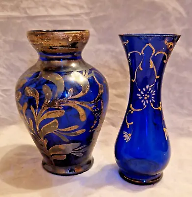 Buy Two Small Cobalt Blue Glass Vases With Golden Decoration • 10.99£