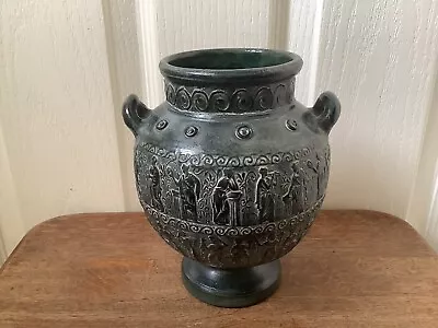 Buy Greek Black Terracotta Twin Handled Green Patina Greek Mythological Relief Vase. • 14.99£
