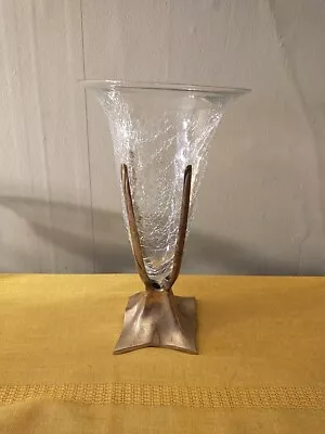 Buy Vintage Crackle Clear Glass Vase With Brass Stand • 32.68£