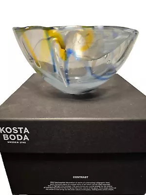 Buy Kosta Boda Art Glass Swirl Bowl 6 1/8  Blue White & Yellow Swirls Original Box • 41.94£