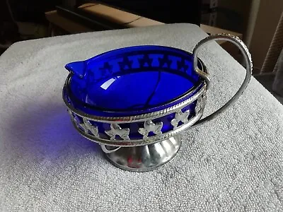 Buy Vintage Cobalt Blue Glass Liner Jug Silver Plate Surrounds Celtic Style • 5£