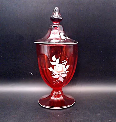 Buy Westmoreland Glass Ruby Red 8  Hand Painted Candy Dish W/Lid. Artist Signed 1981 • 18.64£