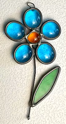 Buy Vintage Stained Glass FLOWER SUN CATCHER Blue Flower Green Leaf Handmade • 13.05£