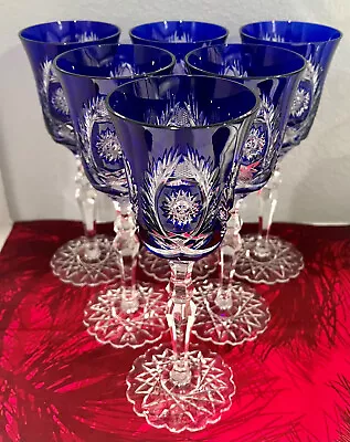 Buy Val St Lambert Cobalt Blue Cased Cut To Clear Crystal Wine Goblets Set Of 6 • 1,141.61£