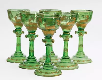 Buy Set Of 6 Antique Bohemian Wine Glasses In Green & Gold Etched Stag Design • 199.99£