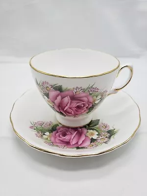 Buy Vintage Royal Vale Bone China Teacup And Saucer Pink Roses And Daisies Gold Trim • 25.16£