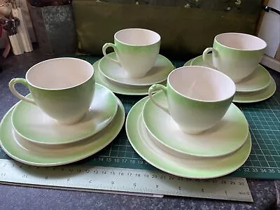 Buy 4x Vintage Royal Art Pottery Trios Green & White Tea Cups Saucers Plates C.1930 • 5£