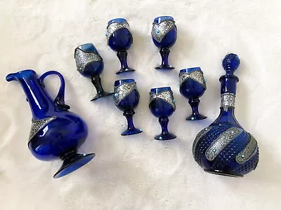 Buy Hand Blown Cobalt Blue Glass Decanter Jug Goblets With Silver Turquoise Accent • 99.99£