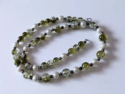 Buy Sterling Clasp Crackle Glass Faux Pearl White Green Tones Necklace • 7.99£