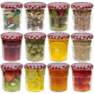 Buy Glass Jam Jar Pot Menage Red Gingham Lids 324ml 6/12/24pk • 13.99£