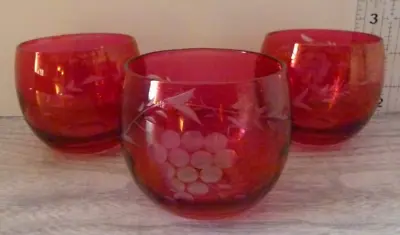 Buy 3 Vintage Cranberry  Cut To Clear Glass Votive Candle Holders GRAPES PATTERN • 14.86£
