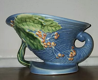 Buy Roseville Bushberry #3 Blue Cornucopia, Mint, Built In Frog Vintage Art Pottery • 92.43£