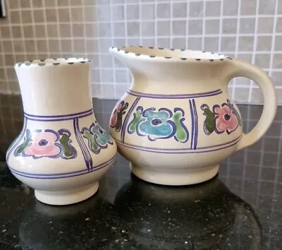 Buy Vintage Honiton Pottery Jug And Small Vase Hand Painted Vivid Colours 1930s 10cm • 12£
