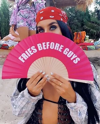 Buy FRIES BEFORE GUYS Bright Pink Fabric & Wood Hand Spanish Festival Fan • 8£