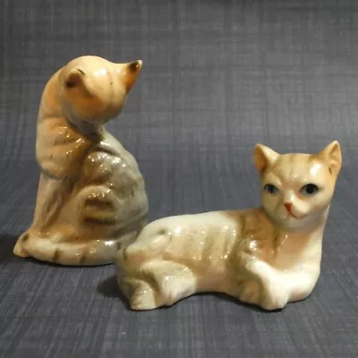 Buy 2 Bone China Small Vintage Tabby Cats Figurine Ornament Lying / Licking • 11.95£