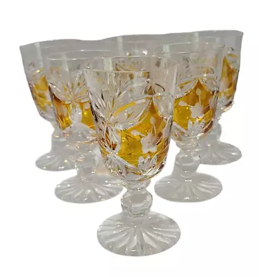 Buy Six Bohemian Crystal Amber Cut To Clear Floral Liquor Cordial Glasses 4'' High • 70.63£