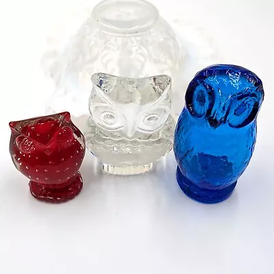 Buy 3 VTG Art Glass Owls Red Clear Blue Paperweights Brinns Pilgrim Unmarked • 25.63£