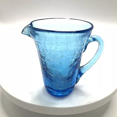 Buy Vtg Cracked Glass Pitcher Personal Creamer Hand Blown Cobalt Blue Small Crackle • 9.31£