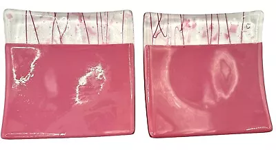Buy Set Of 2 Fused Studio Art Glass Trinket Dish Plate Pink Stripe Square 5.75” • 11.19£