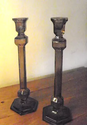 Buy Pair Vintage Art Deco Amber Glass 30cm Tall Candlesticks See Description • 9.50£