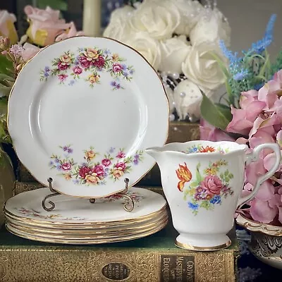Buy Vintage Plates QUEEN Anne X6 Side Tea Cup Plates Pink Roses Excellent & Milk Jug • 12.99£