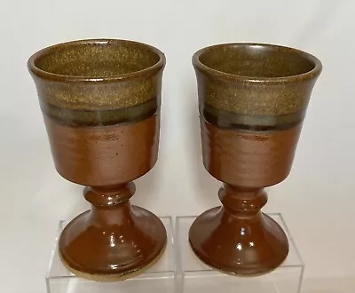 Buy Pair Of Studio Art Pottery Orange Brown Glazed Goblets Ca 12.5cm Tall Marked TM • 9£