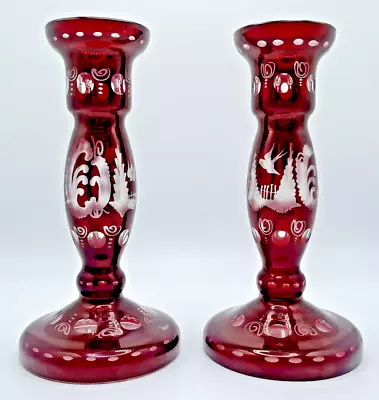 Buy Two (2)  Vtg Bohemian Ruby Flashed Etched Glass Candle Holder Bohemian - AS IS • 8.40£