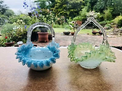 Buy Two Art Glass Posy Baskets Vaseline Stevens And Williams Green White Blue • 19.99£