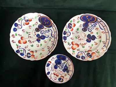 Buy Antique Allerton Gaudy Welsh Oyster Pattern Plates 2 Med, 1 Sml Hand Painted • 25£