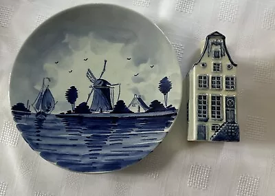 Buy Vintage Delft Windmill White Blue Collectors Plate + Royal Delft House Rynbende • 9.99£